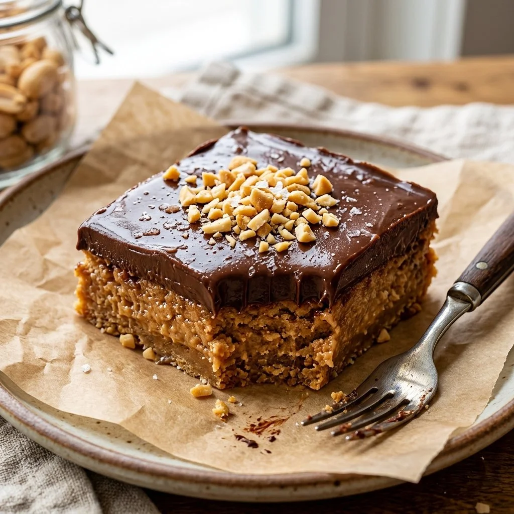 Delicious no-bake peanut butter bars topped with chocolate and nuts