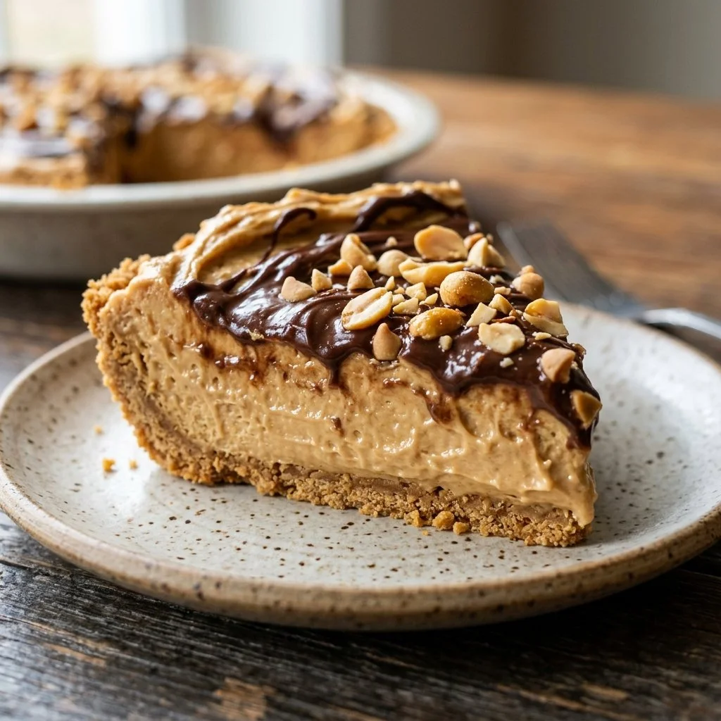 Delicious no-bake peanut butter pie topped with whipped cream and chocolate drizzle.