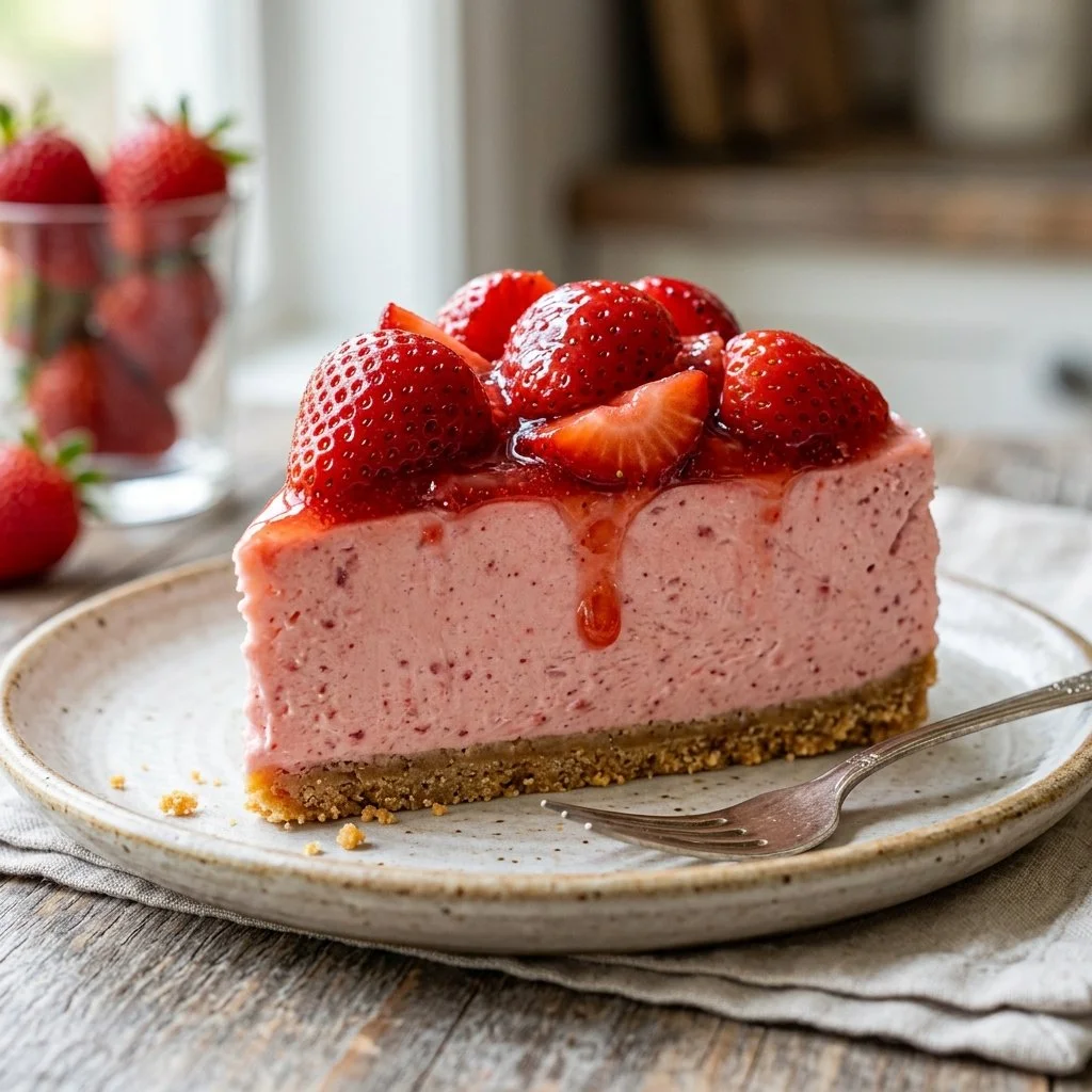 Delicious no-bake strawberry cheesecake topped with fresh strawberries