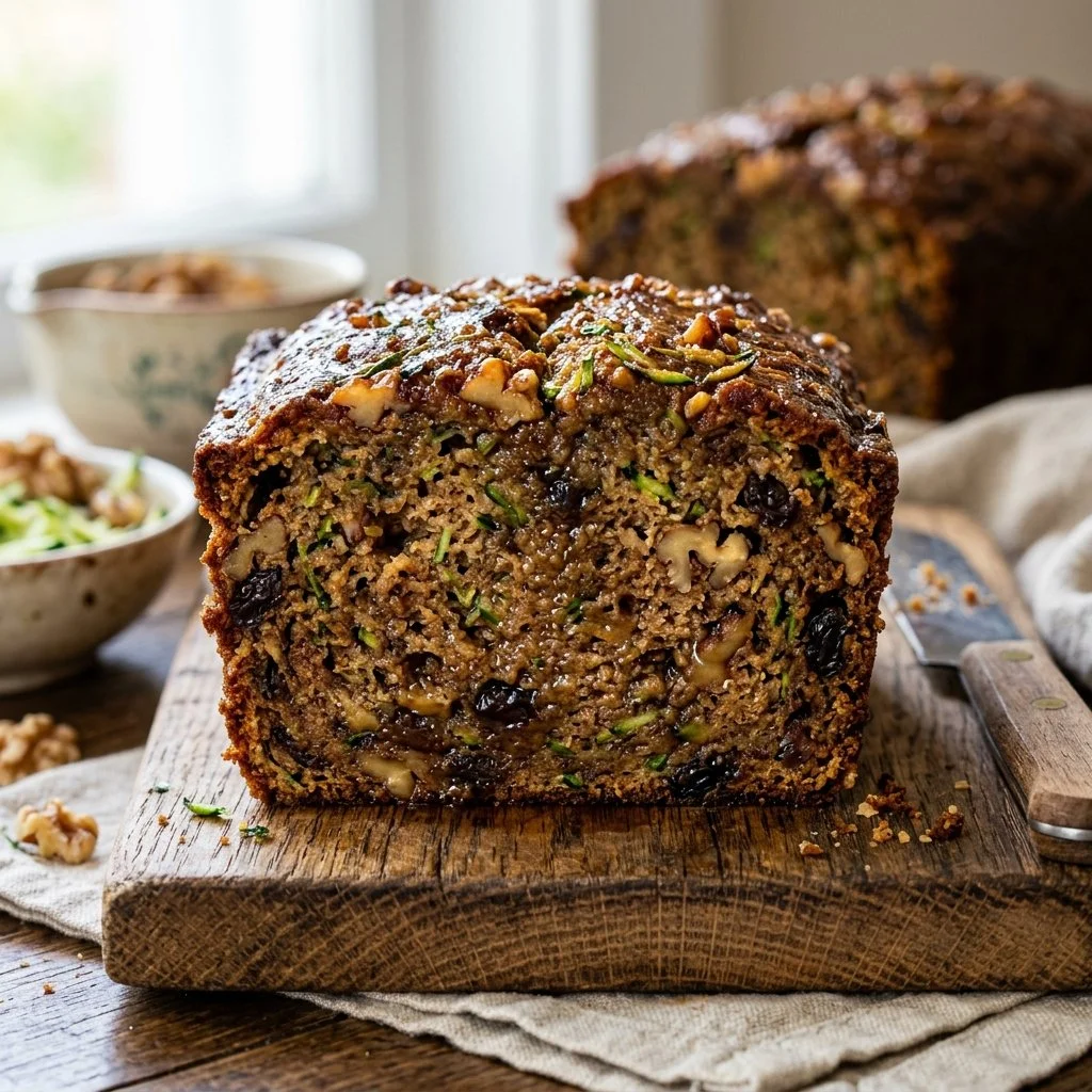 Sliced old fashioned zucchini bread on a wooden cutting board
