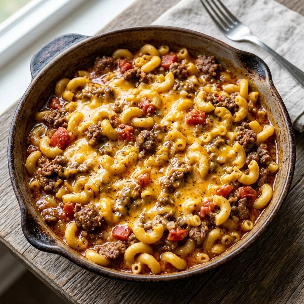 One Pot Cheeseburger Pasta served in a skillet with cheese and ground beef