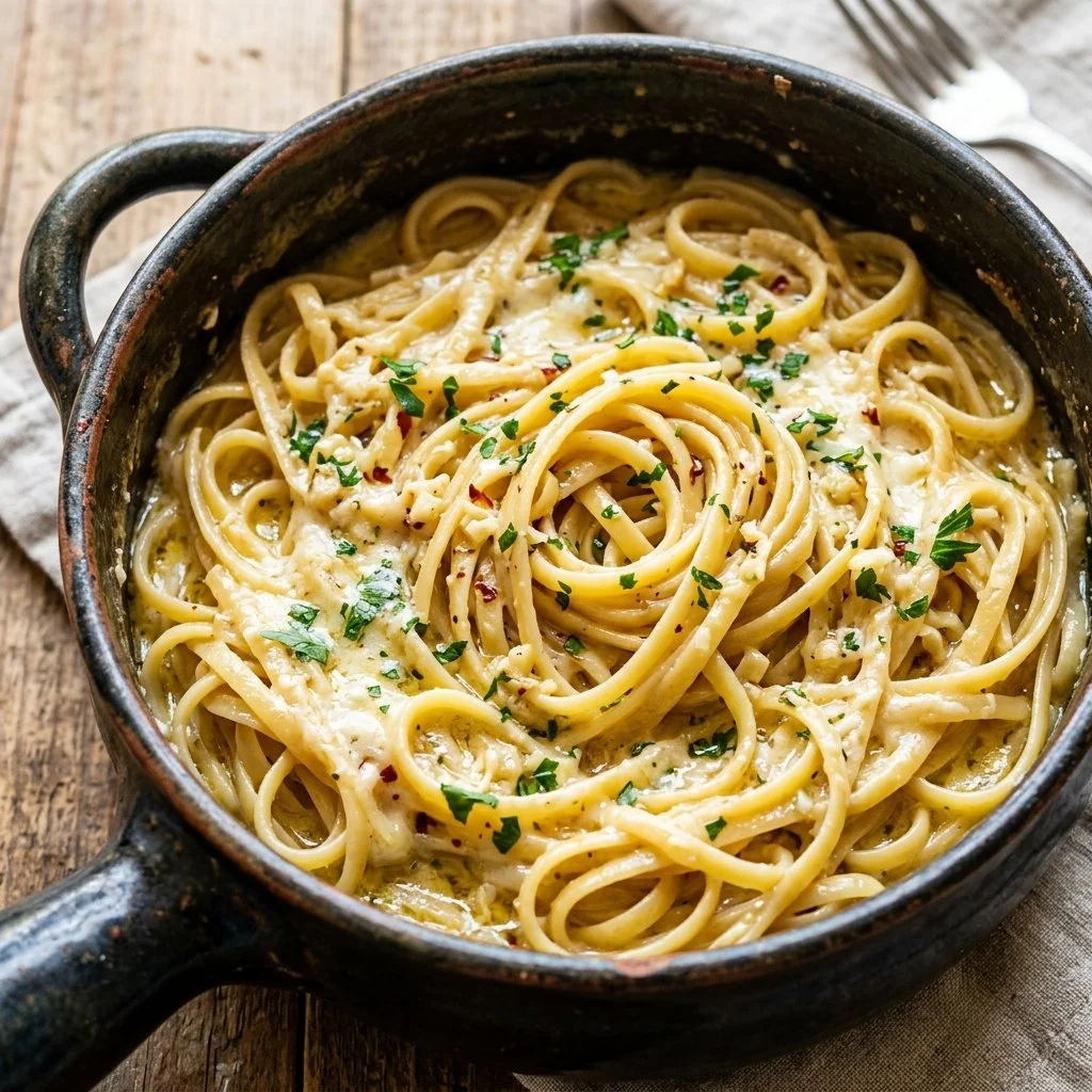 Delicious one pot garlic parmesan pasta served in a bowl garnished with parsley