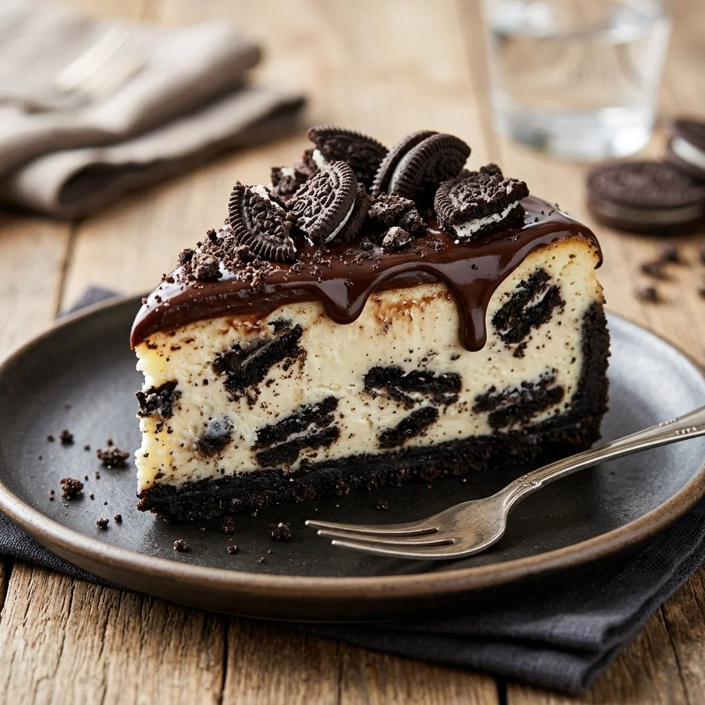 Delicious Oreo cheesecake topped with crushed Oreos and chocolate drizzle