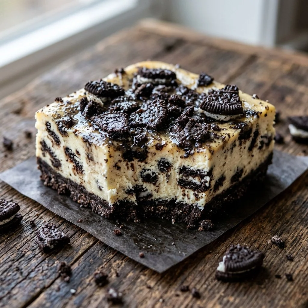 Delicious Oreo Cheesecake Bars served on a plate with chocolate drizzle.