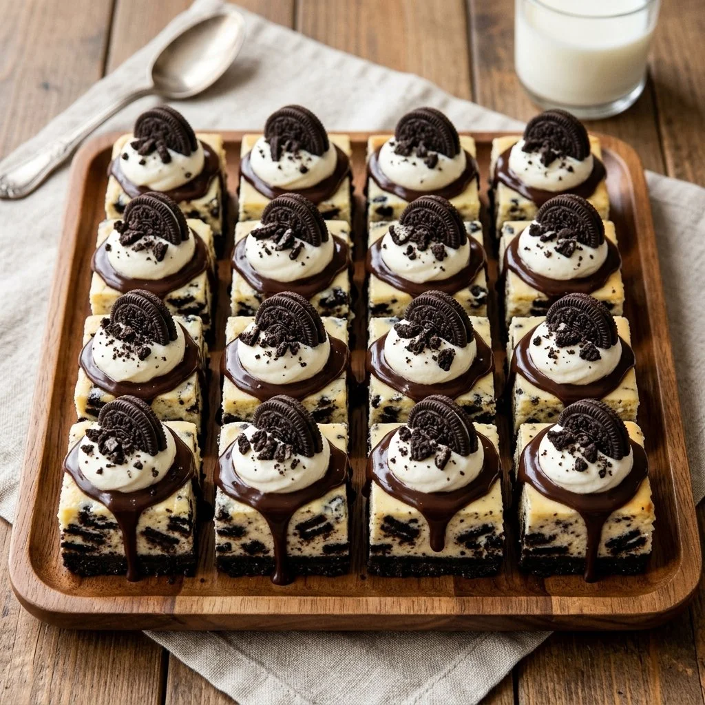 Oreo Cheesecake Bites on a plate, featuring cream and cookie textures.