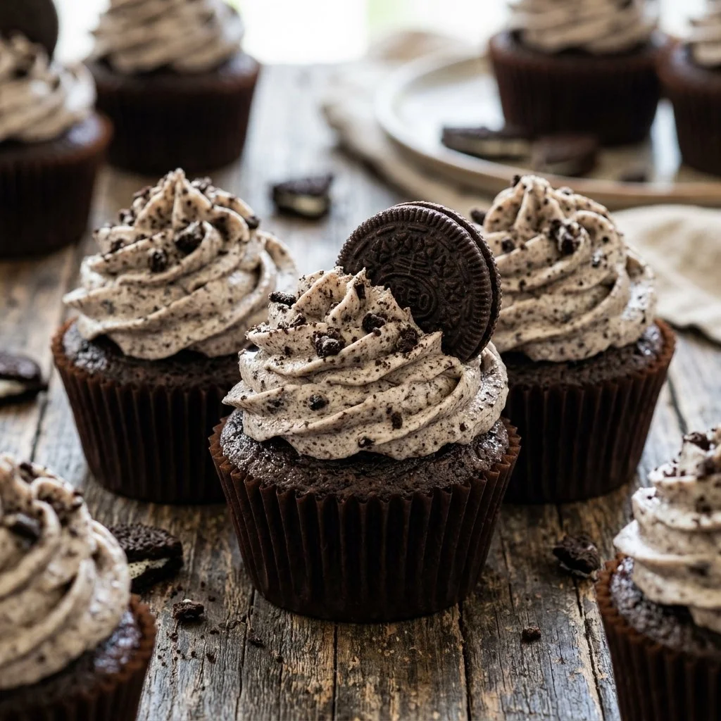 Delicious homemade Oreo cupcakes topped with cream and Oreo crumbles