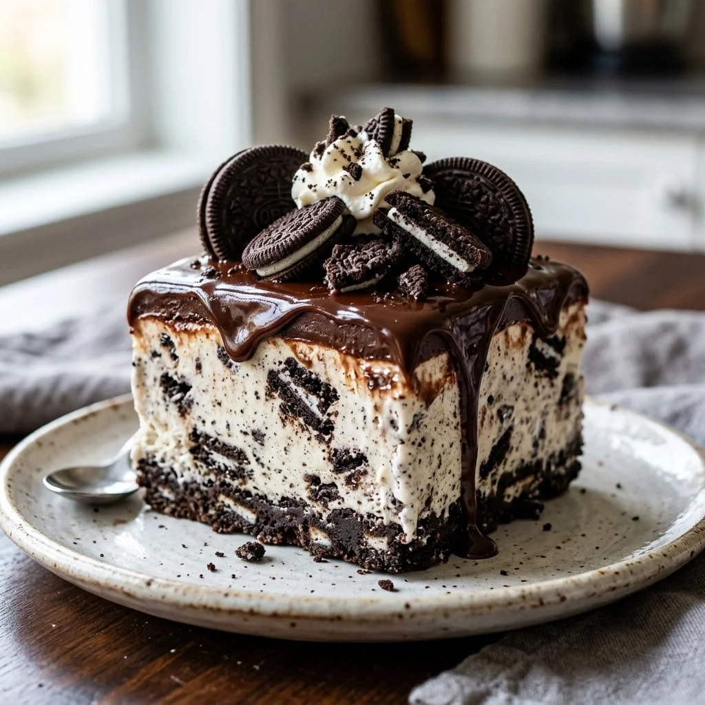 Homemade Oreo Ice Cream Cake topped with crushed Oreos
