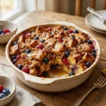 Delicious Overnight French Toast Casserole topped with syrup and berries