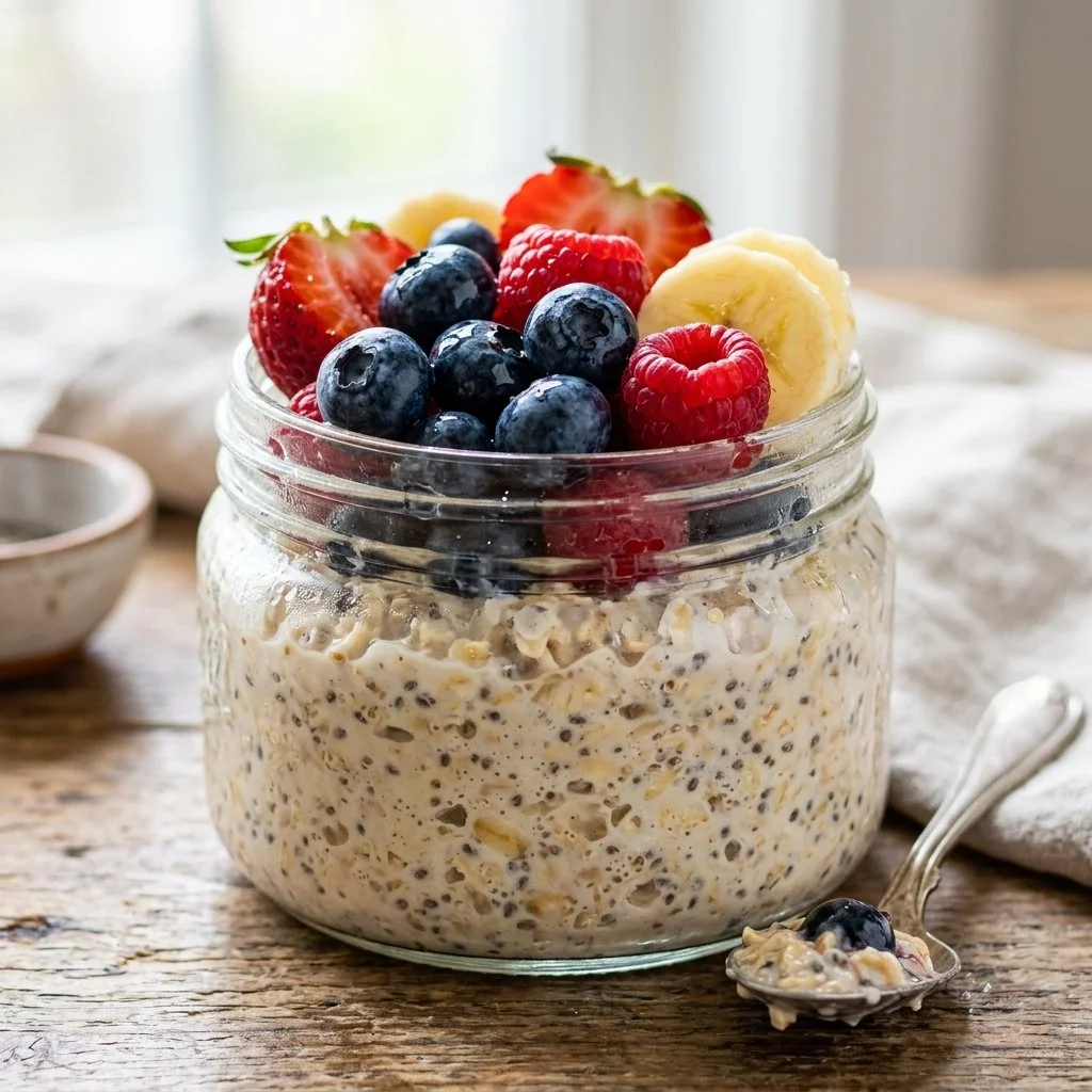 Bowl of overnight oats topped with fresh fruit like strawberries and bananas