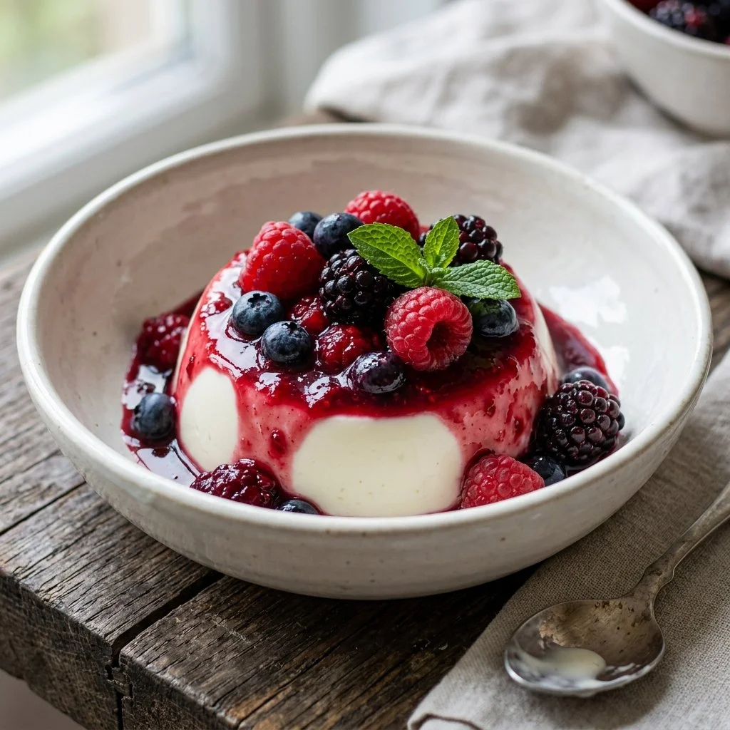 Delicious pannacotta dessert with mixed berries on top
