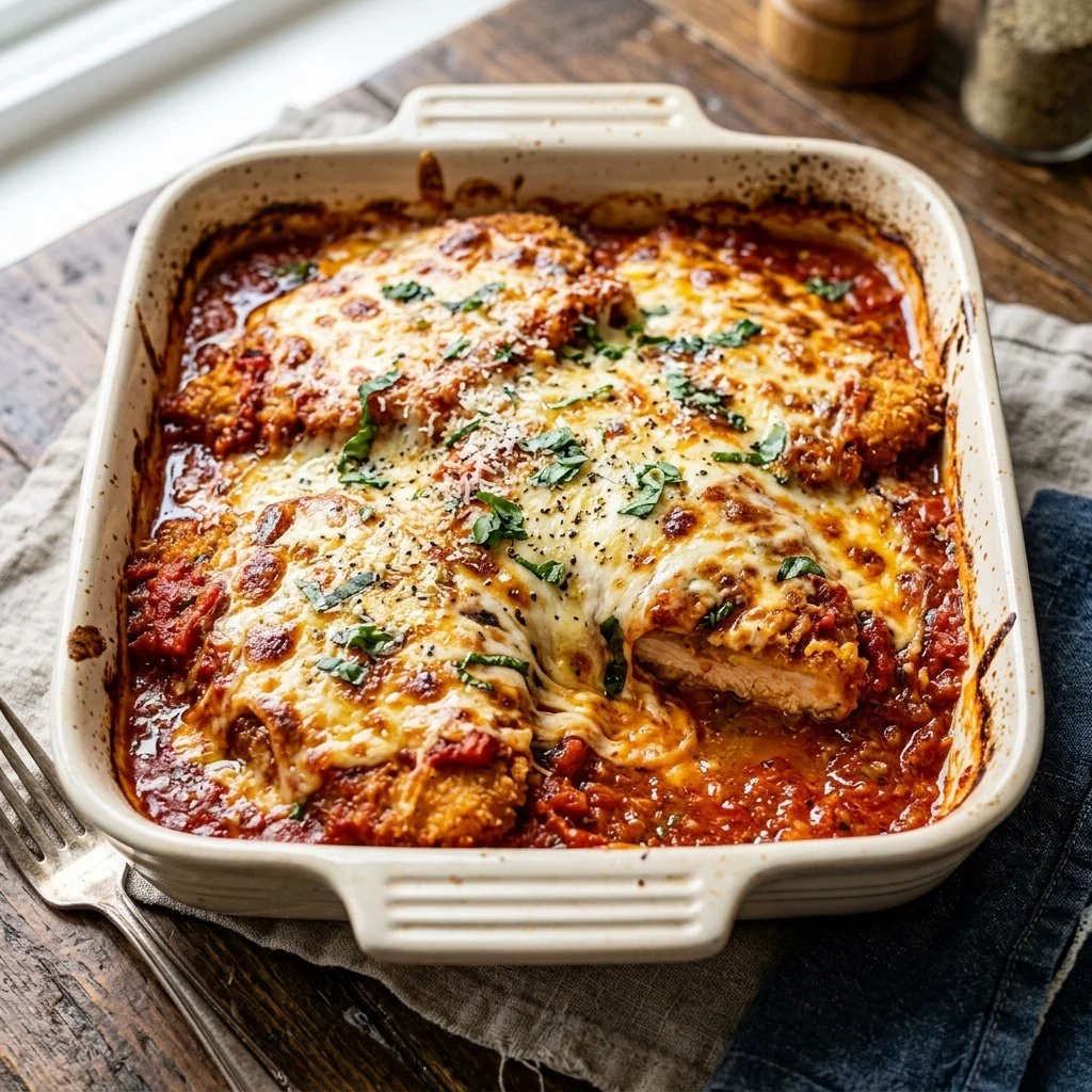 Delicious Parmesan Chicken Casserole topped with a golden, crispy layer.