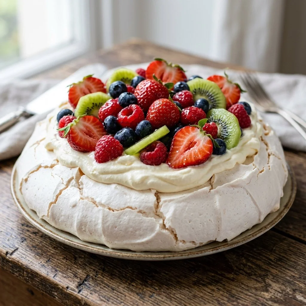Delicious Pavlova Cake topped with fruits and cream, a light dessert option.