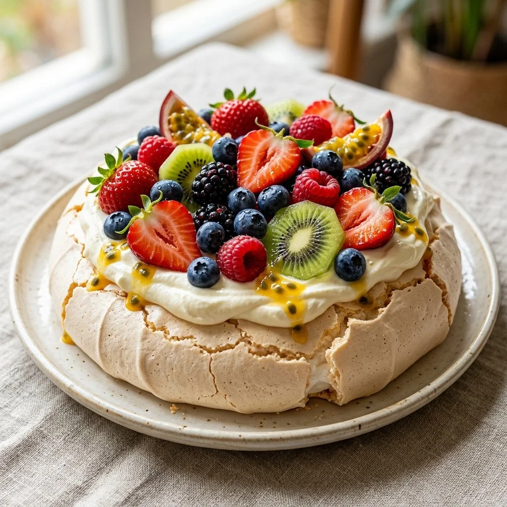 Delicious Pavlova dessert topped with an assortment of fresh fruits.