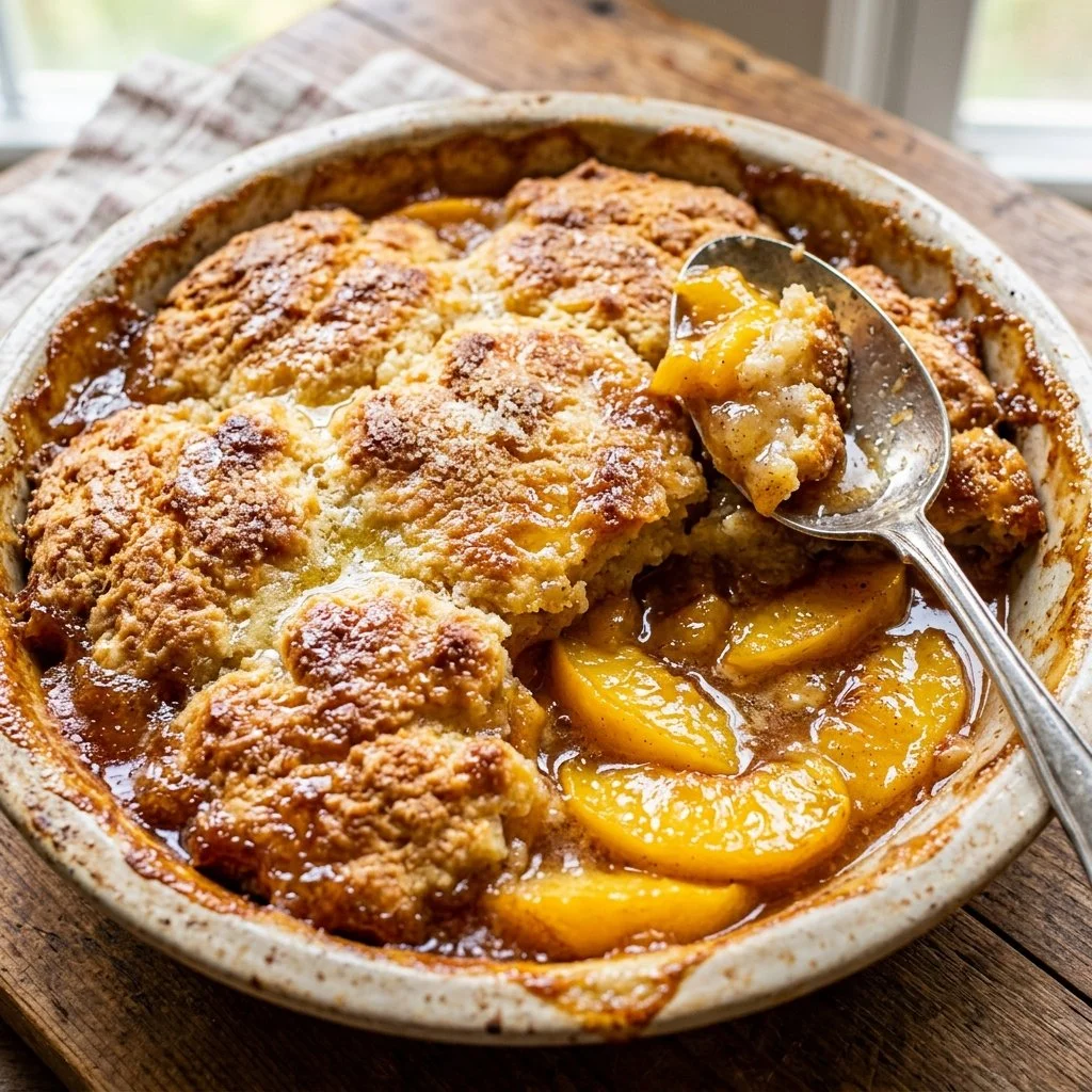 Delicious homemade Peach Cobbler topped with golden crust and fresh peaches.
