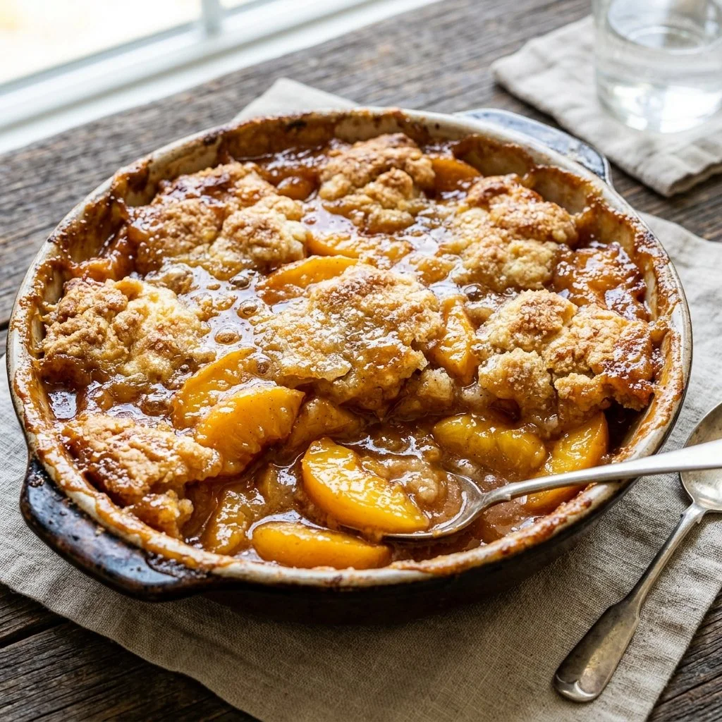 Delicious homemade peach cobbler served warm with ice cream.