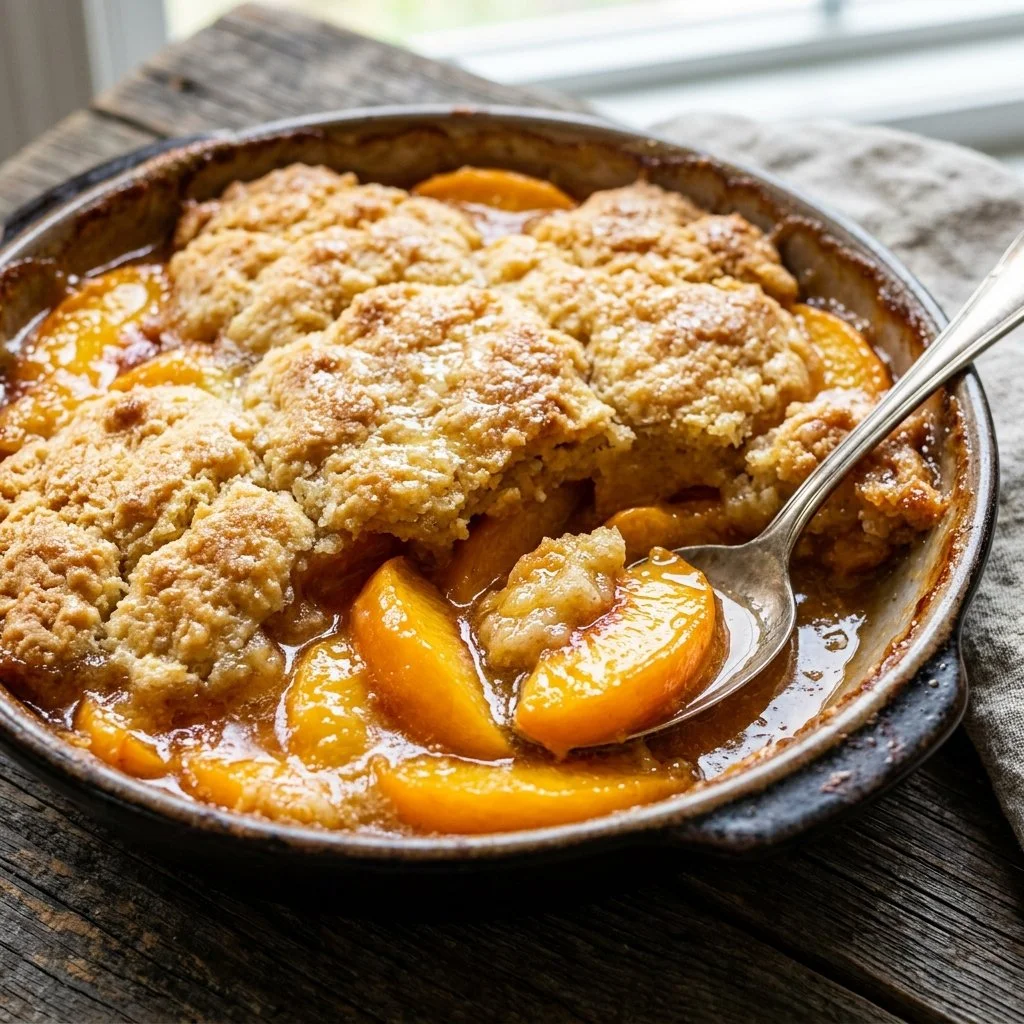 Delicious homemade peach cobbler served in a rustic dish