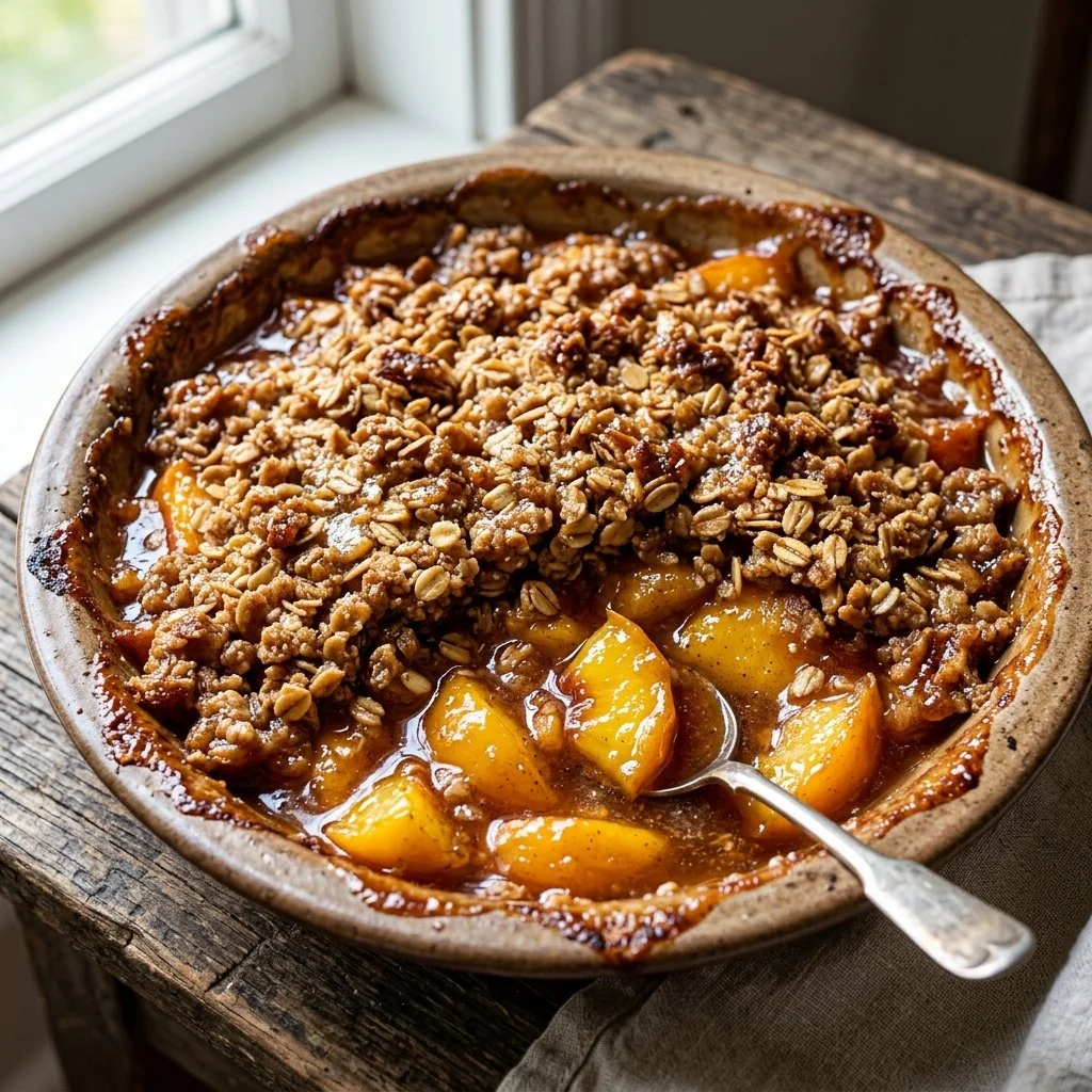 Homemade peach crisp topped with a golden oat crumble