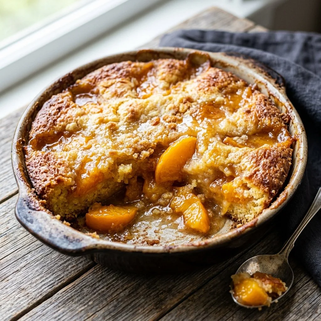 Delicious Peach Dump Cake served in a dish with fresh peaches on the side