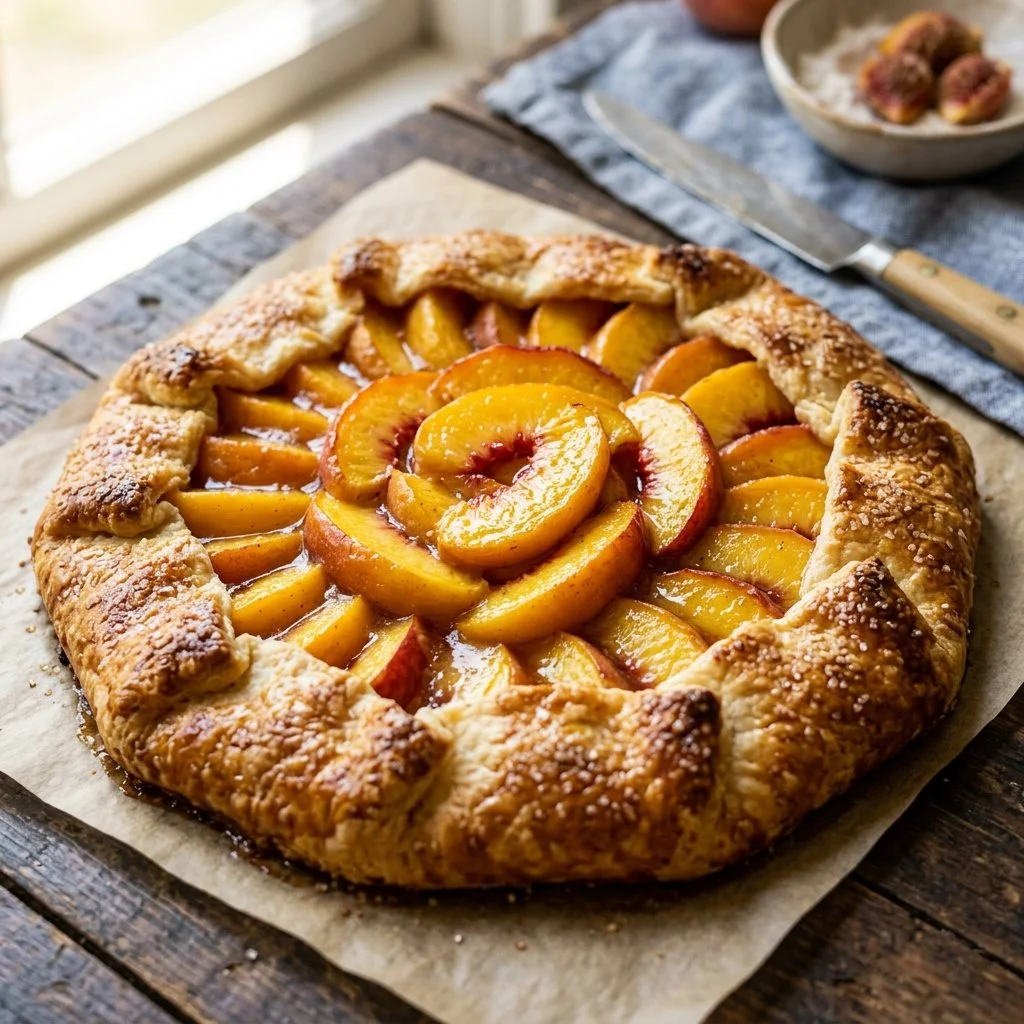 Homemade Peach Galette with fresh peaches and golden crust
