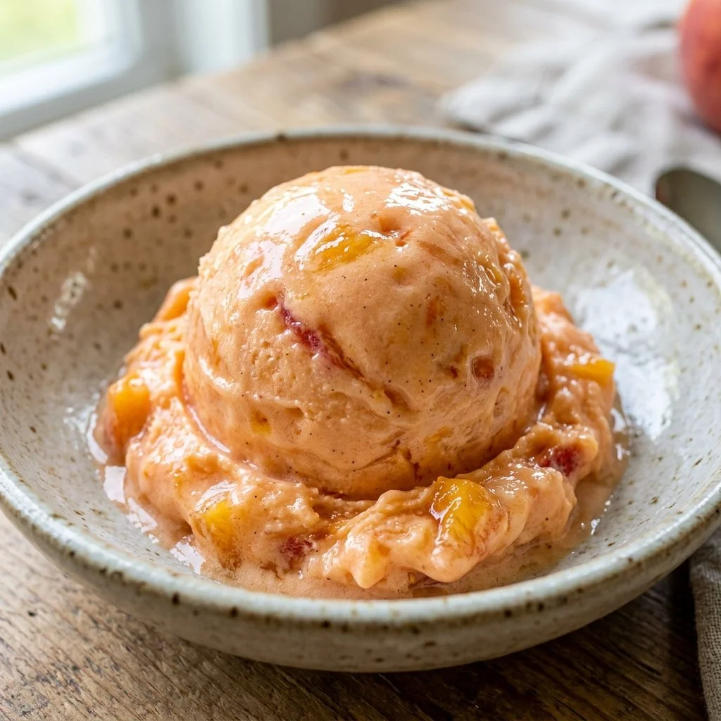 Delicious homemade peach ice cream served in a bowl topped with fresh peaches