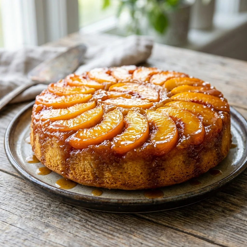 Delicious Peach Upside Down Cake served on a plate with caramelized peaches