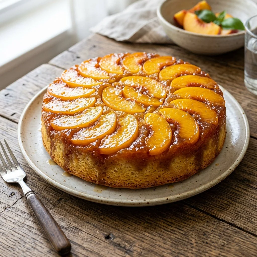 Delicious Peach Upside Down Cake topped with juicy peaches and caramelized syrup