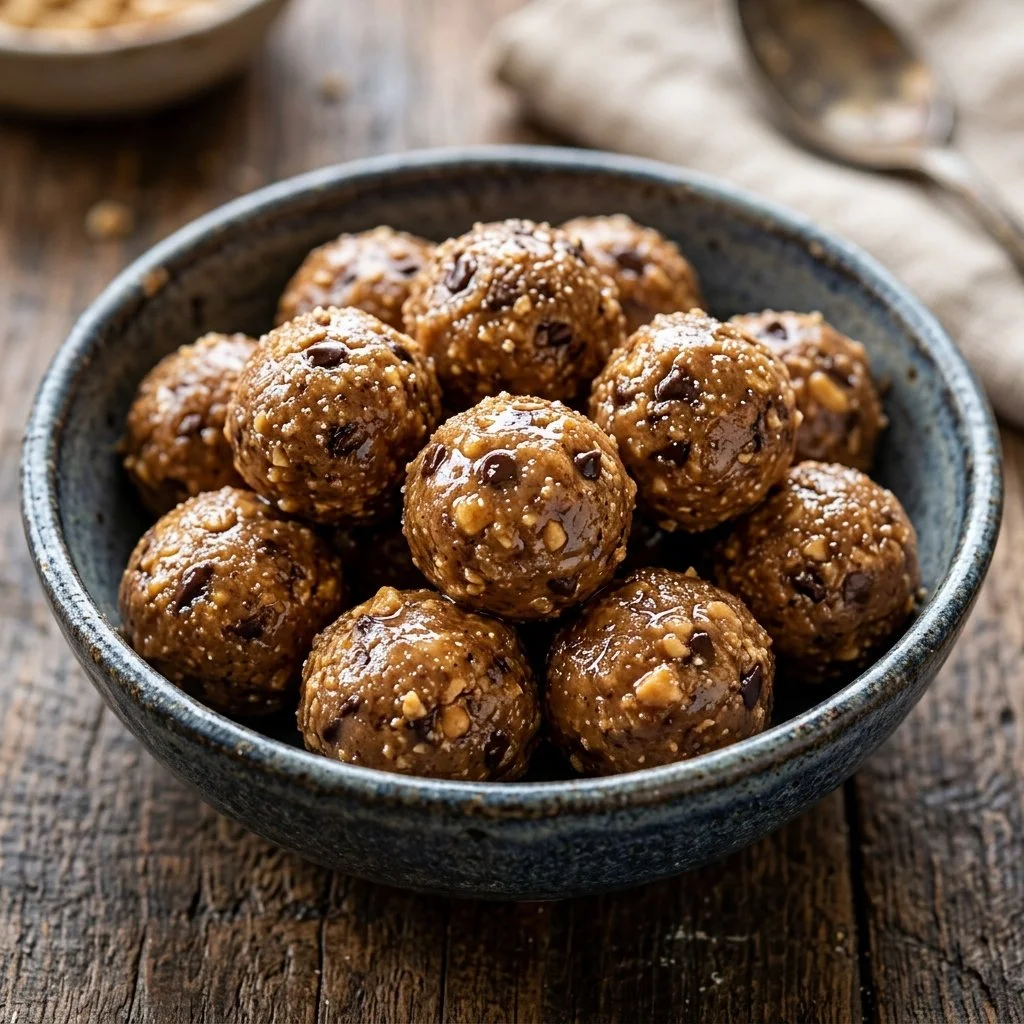 Homemade Peanut Butter Balls on a plate with cocoa powder and oats