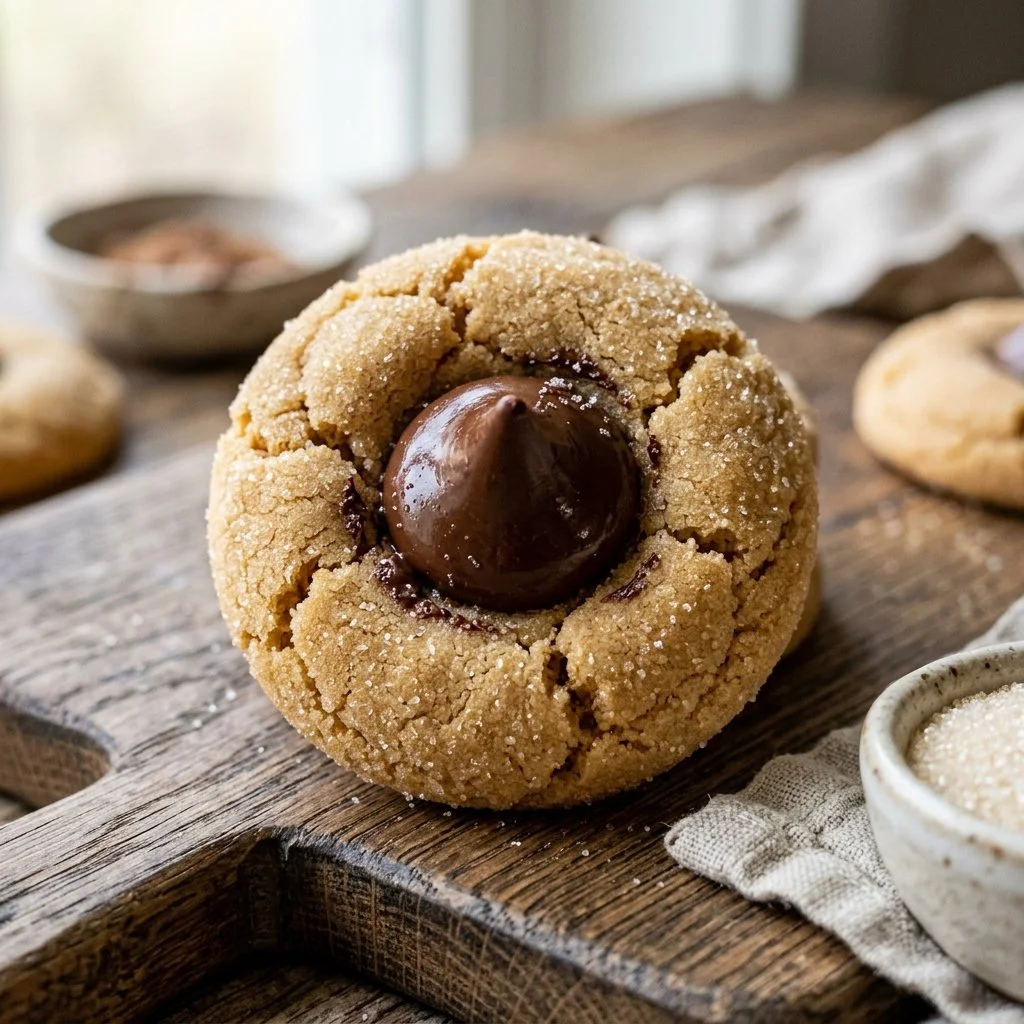 Batch of homemade Peanut Butter Blossoms cookies with chocolate kisses on top.