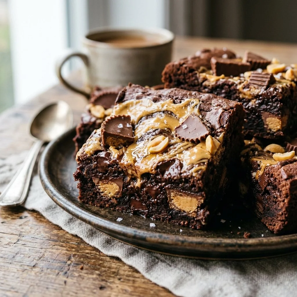 Delicious Peanut Butter Cup Brownies topped with peanut butter cups
