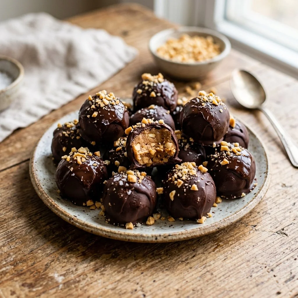 Homemade peanut butter truffles with chocolate coating and nuts