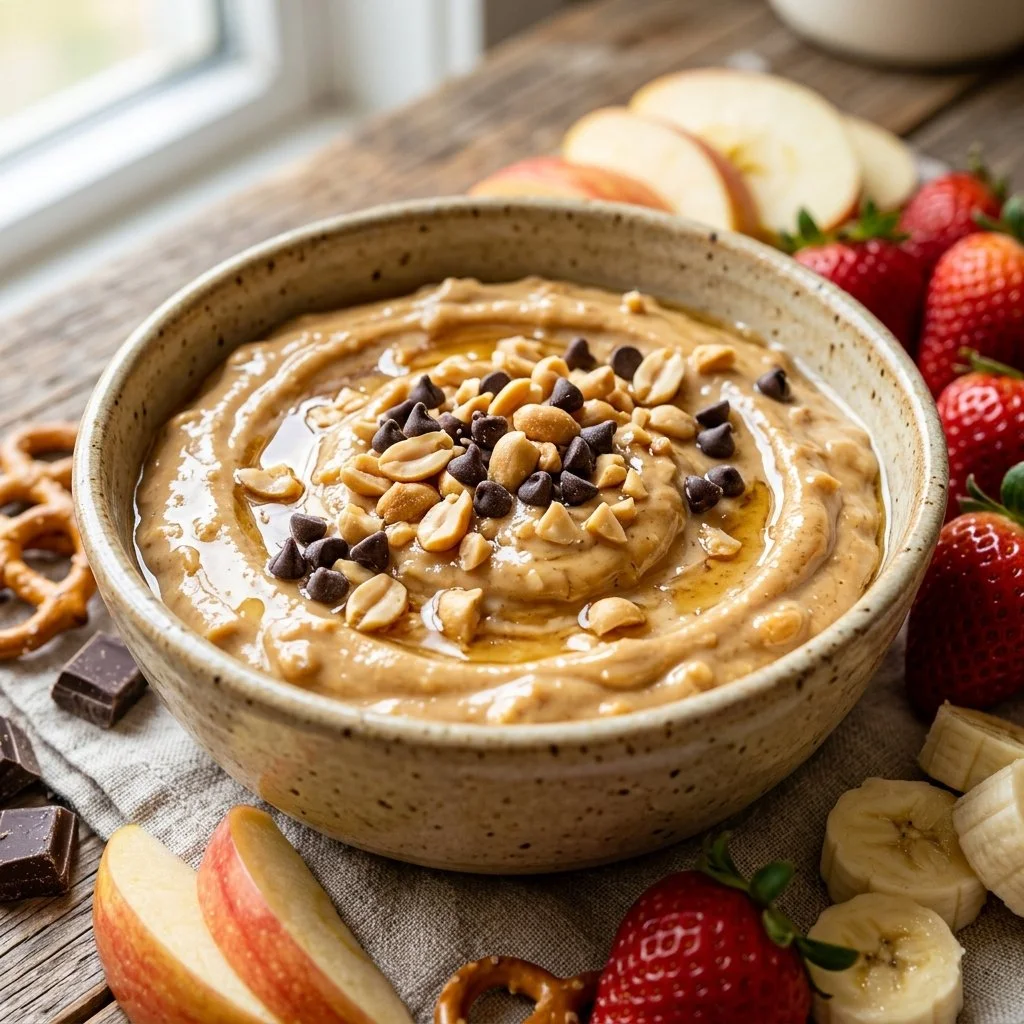 Creamy peanut butter yogurt dip served with fresh fruit slices