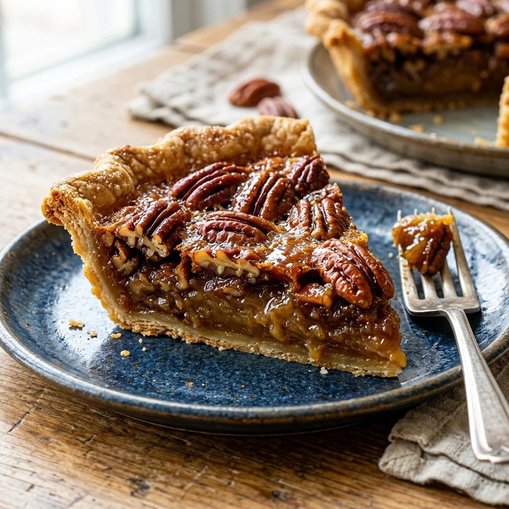 Delicious homemade pecan pie topped with nuts on a wooden table