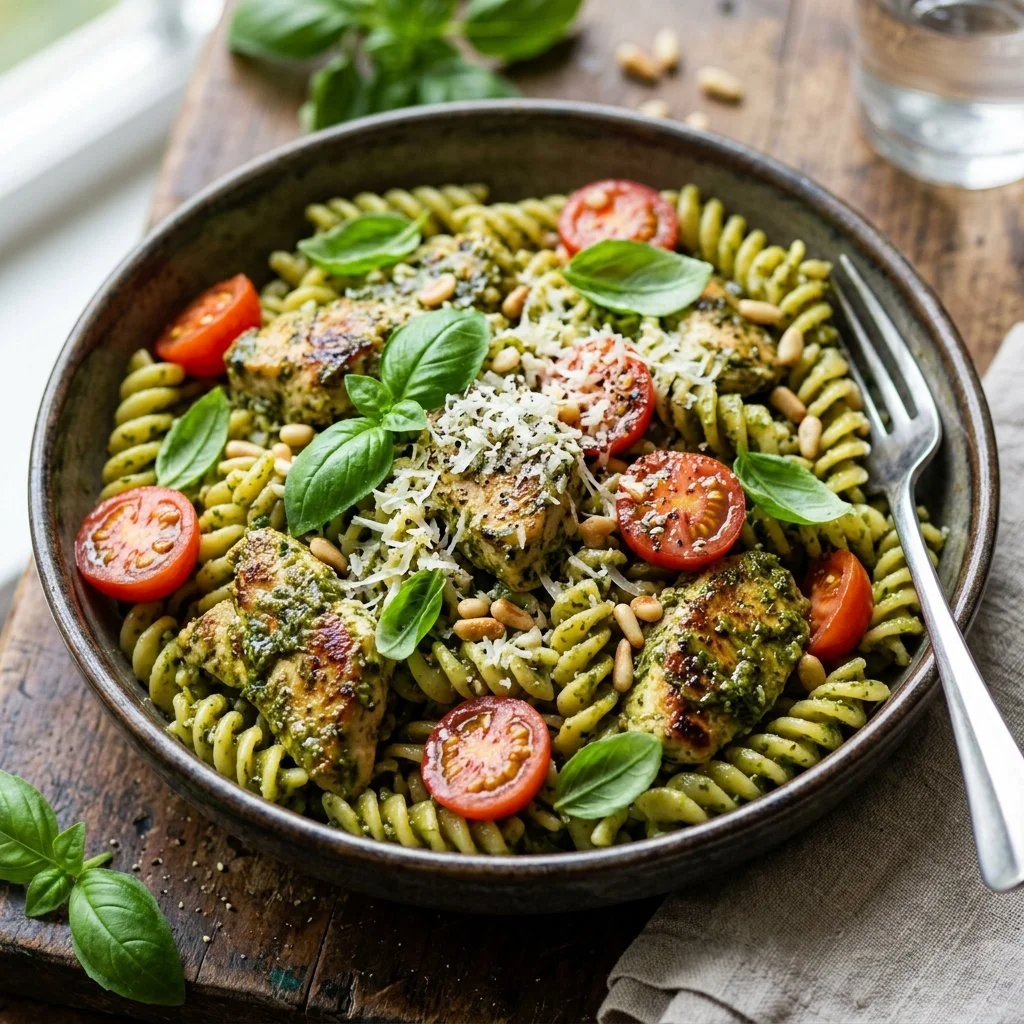 Bowl of Pesto Chicken Pasta topped with fresh herbs and grilled chicken.