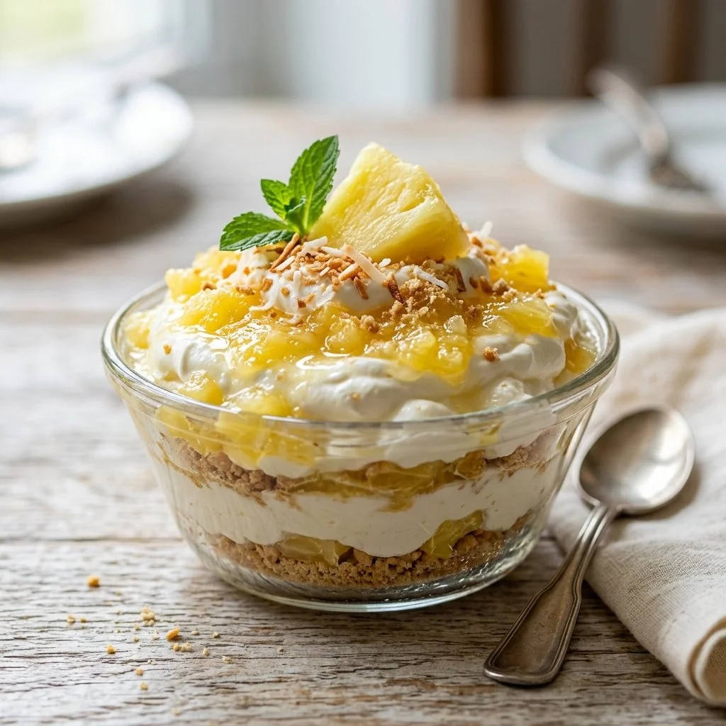 Delicious Pineapple Dream dessert topped with cream and fresh pineapple slices