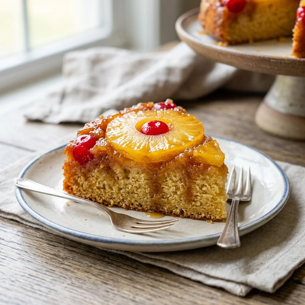 Freshly baked Pineapple Upside Down Cake with caramelized pineapple topping