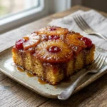 Image of a delicious Pineapple Upside Down Cake with caramelized pineapple on top.