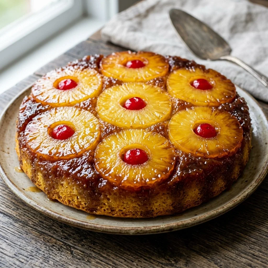 Delicious Pineapple Upside Down Cake with caramelized pineapple slices and cherries