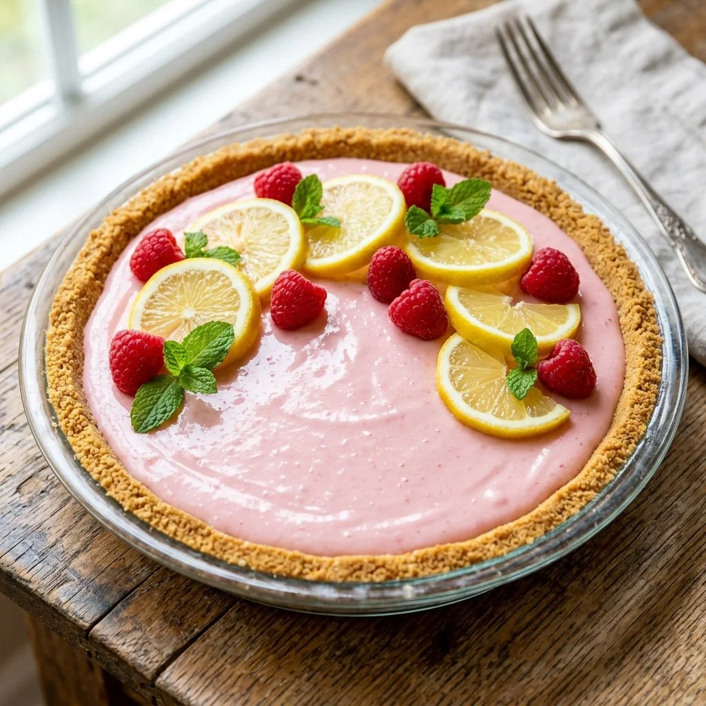 Delicious slice of Pink Lemonade Pie with a vibrant pink hue and lemon garnish.