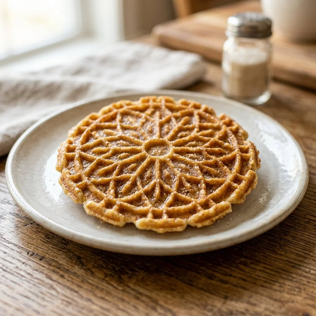 A plate of beautifully arranged Pizzelle Cookies with intricate designs.