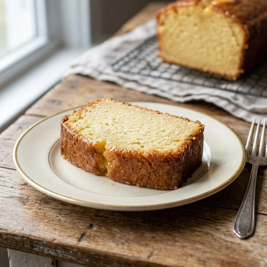 Deliciously baked Pound Cake sliced on a wooden cutting board