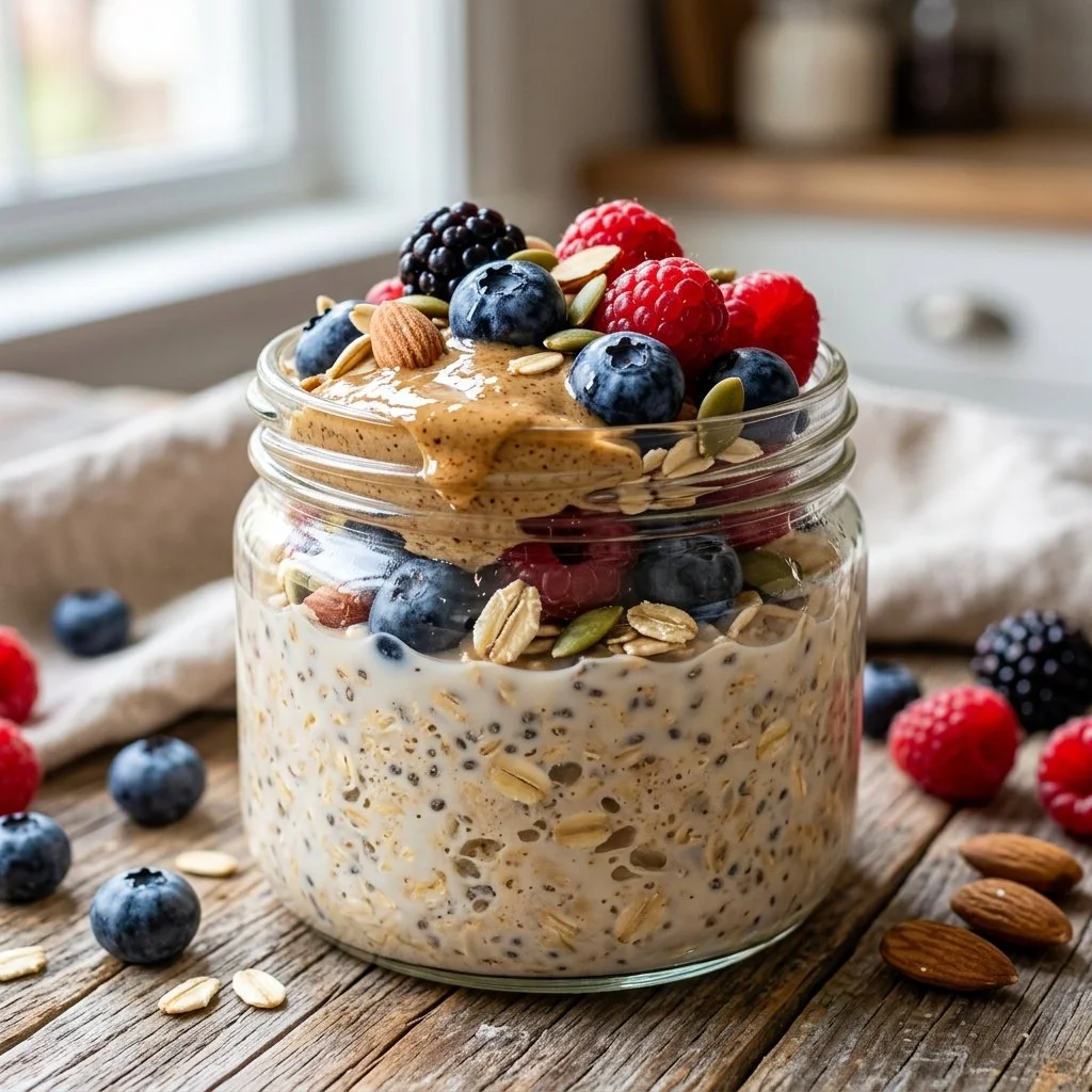 Bowl of Protein Overnight Oats topped with fruits and nuts for a healthy breakfast