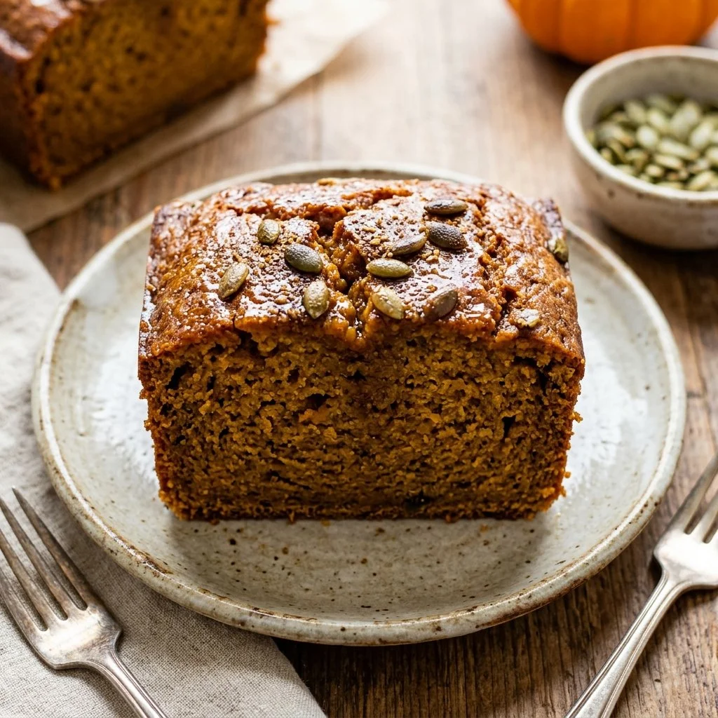 Freshly baked pumpkin bread loaf with spices and garnished with pumpkin seeds