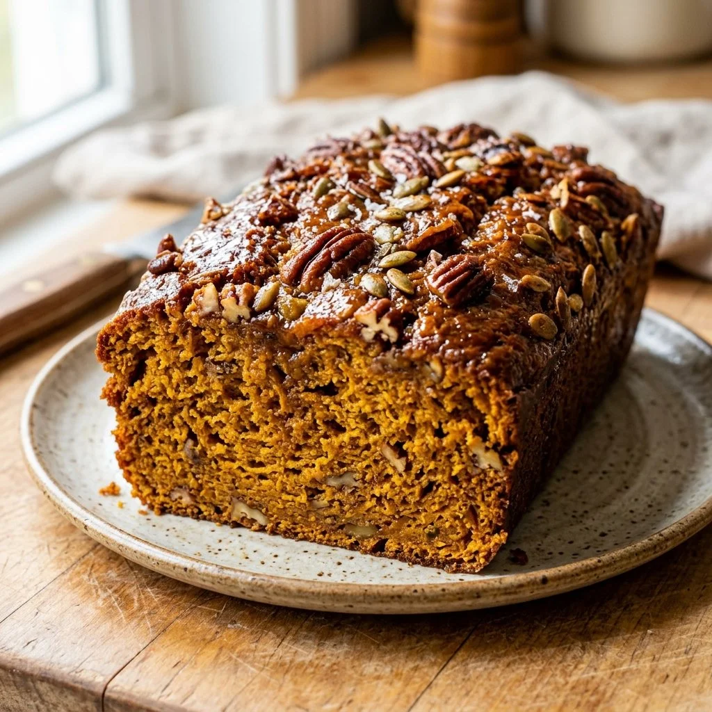 Freshly baked pumpkin bread on a wooden table, golden and fluffy.