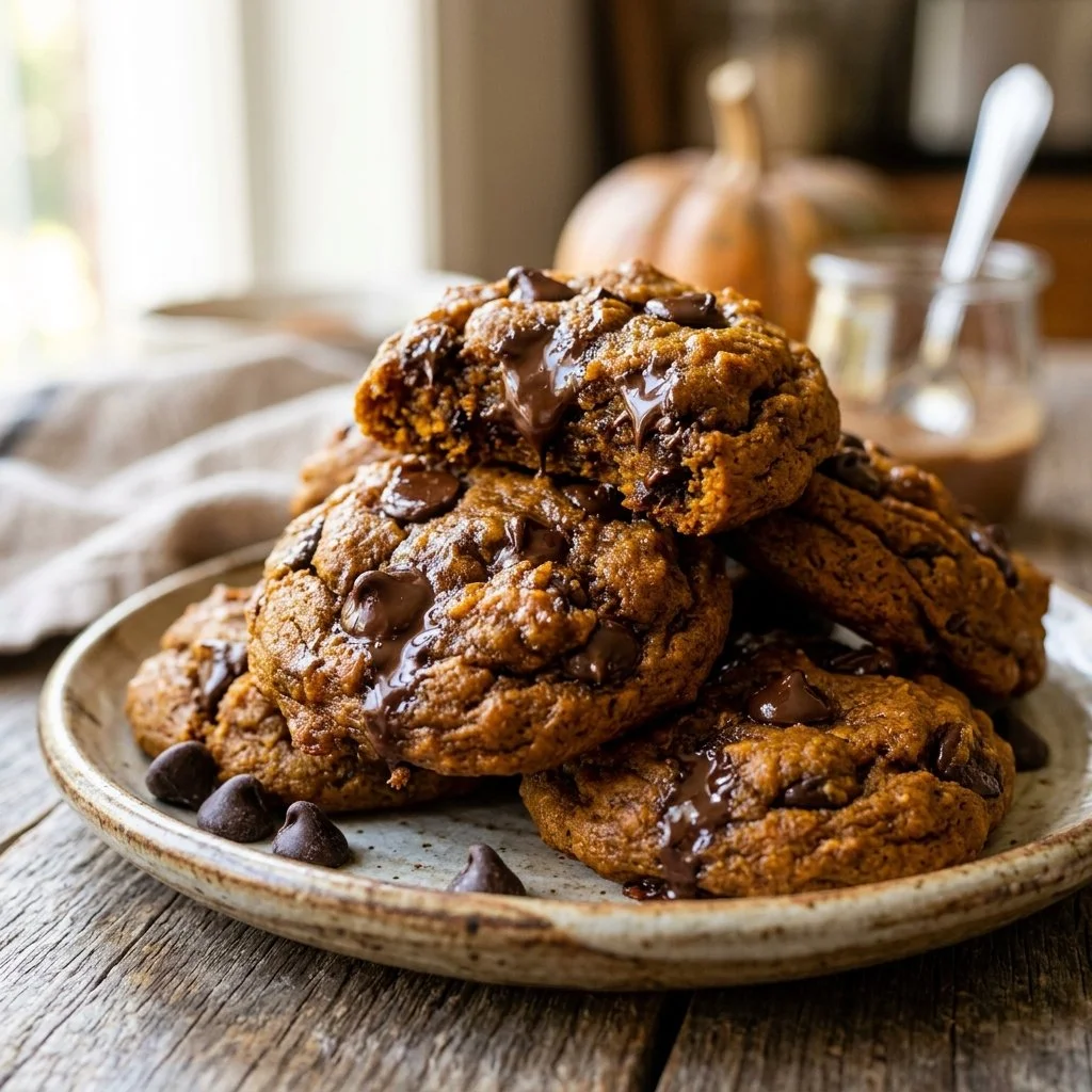 Delicious pumpkin cookies with chocolate chips on a plate