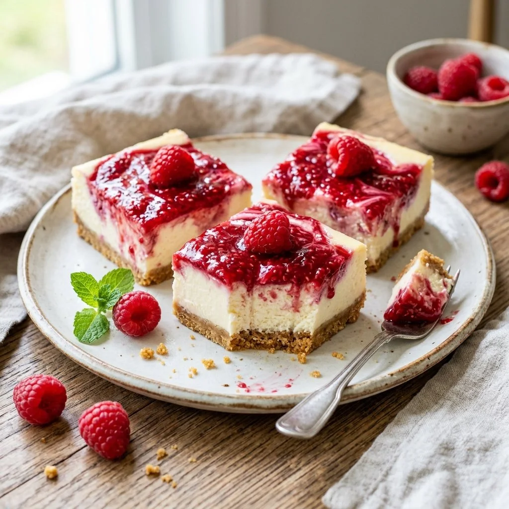 Delicious Raspberry Cheesecake Bars topped with fresh raspberries and creamy cheesecake