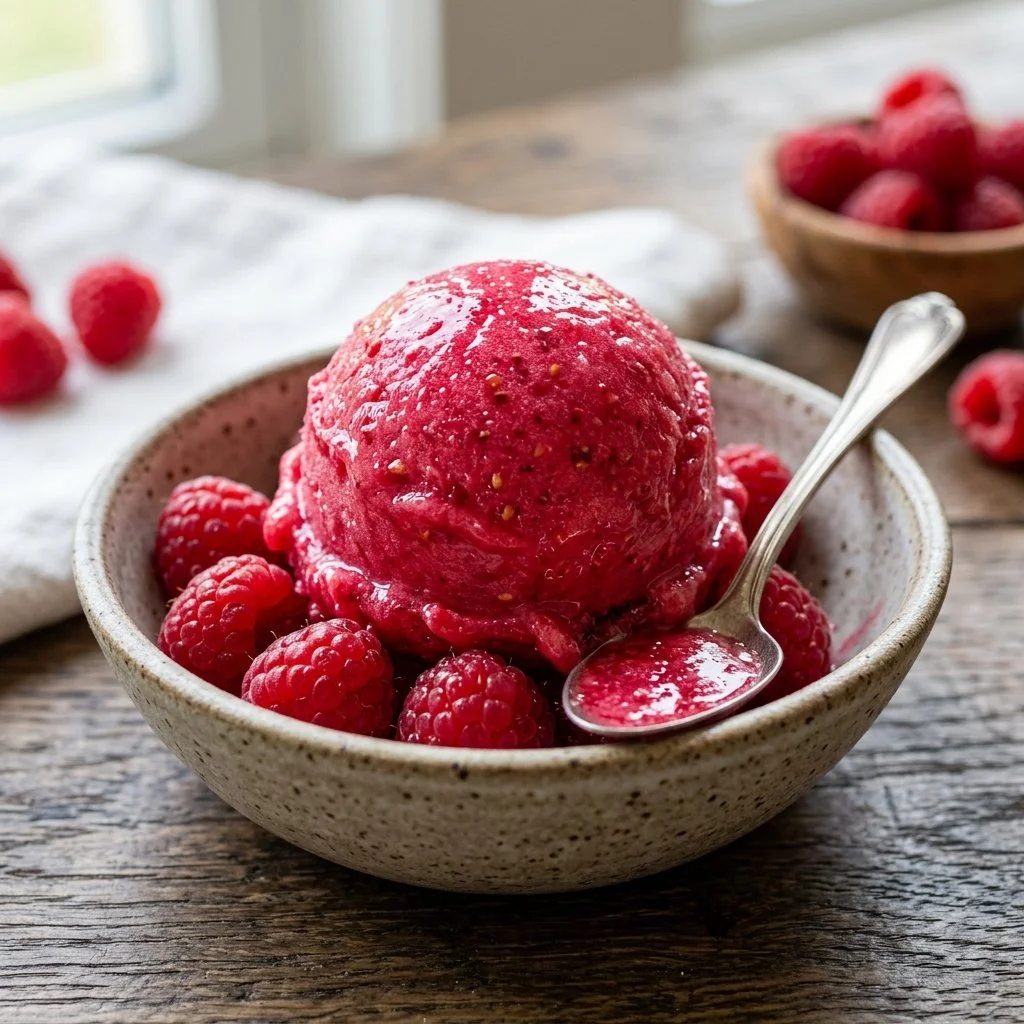A refreshing bowl of raspberry sorbet garnished with fresh raspberries.