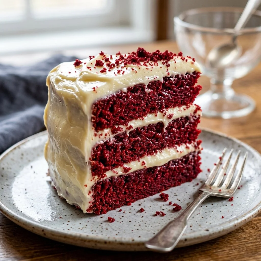 Delicious red velvet cake with cream cheese frosting on a decorative plate