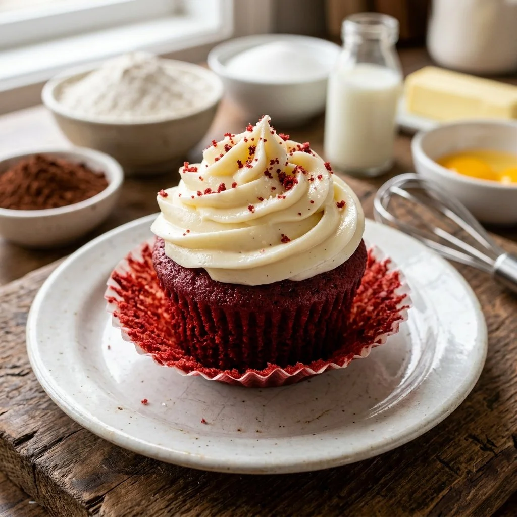 A platter of delicious red velvet cupcakes with cream cheese frosting