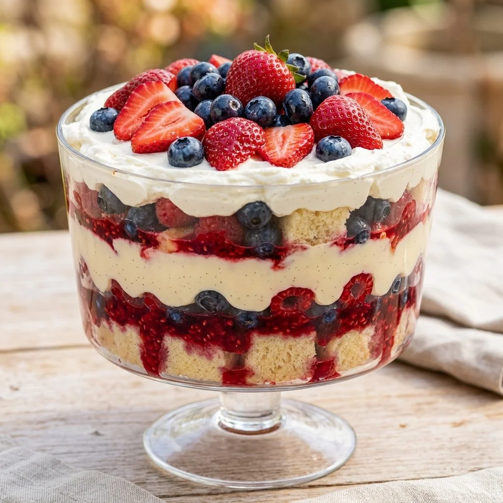 Red White and Blue Trifle dessert with layers of berries and cream
