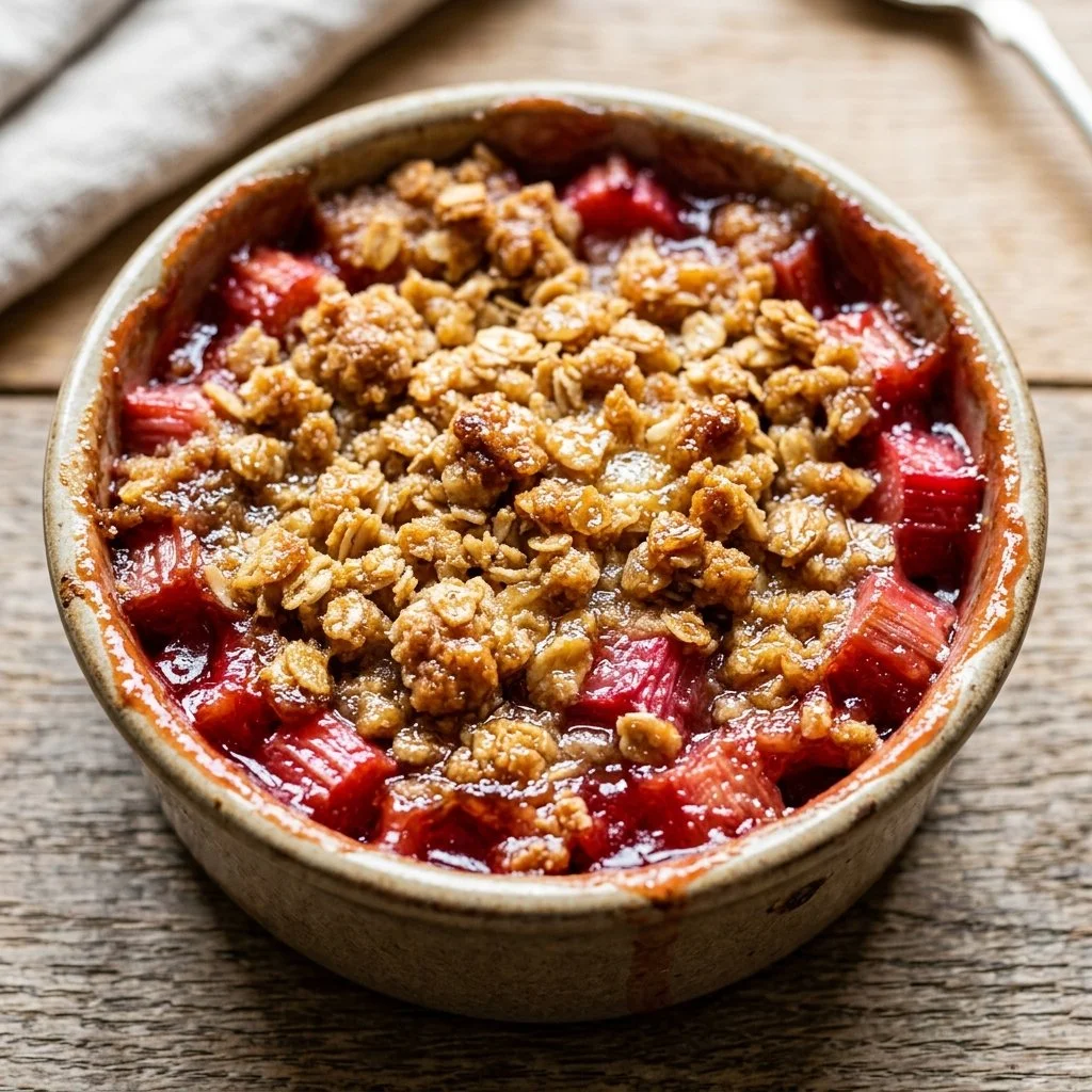 Delicious homemade rhubarb crumble served in a bowl